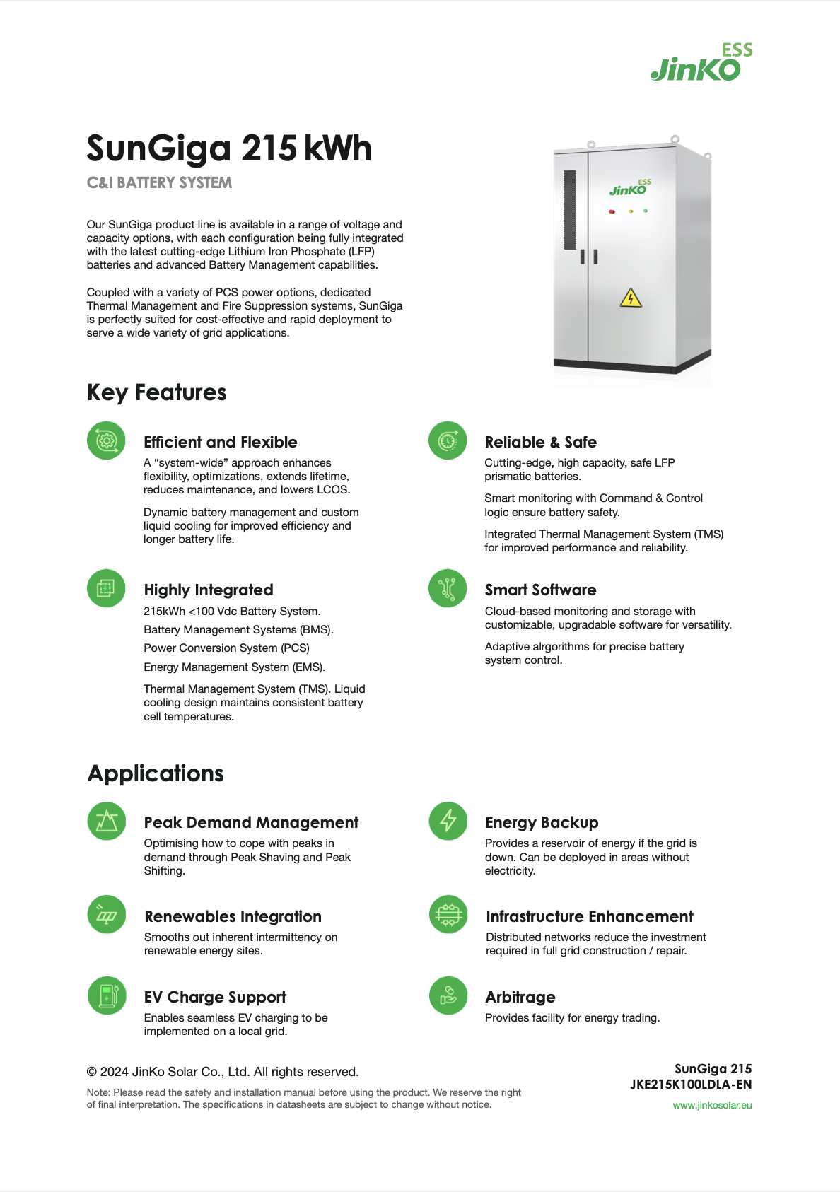 215 kWh Jinko 100kVA - SunGiga C&I Battery System